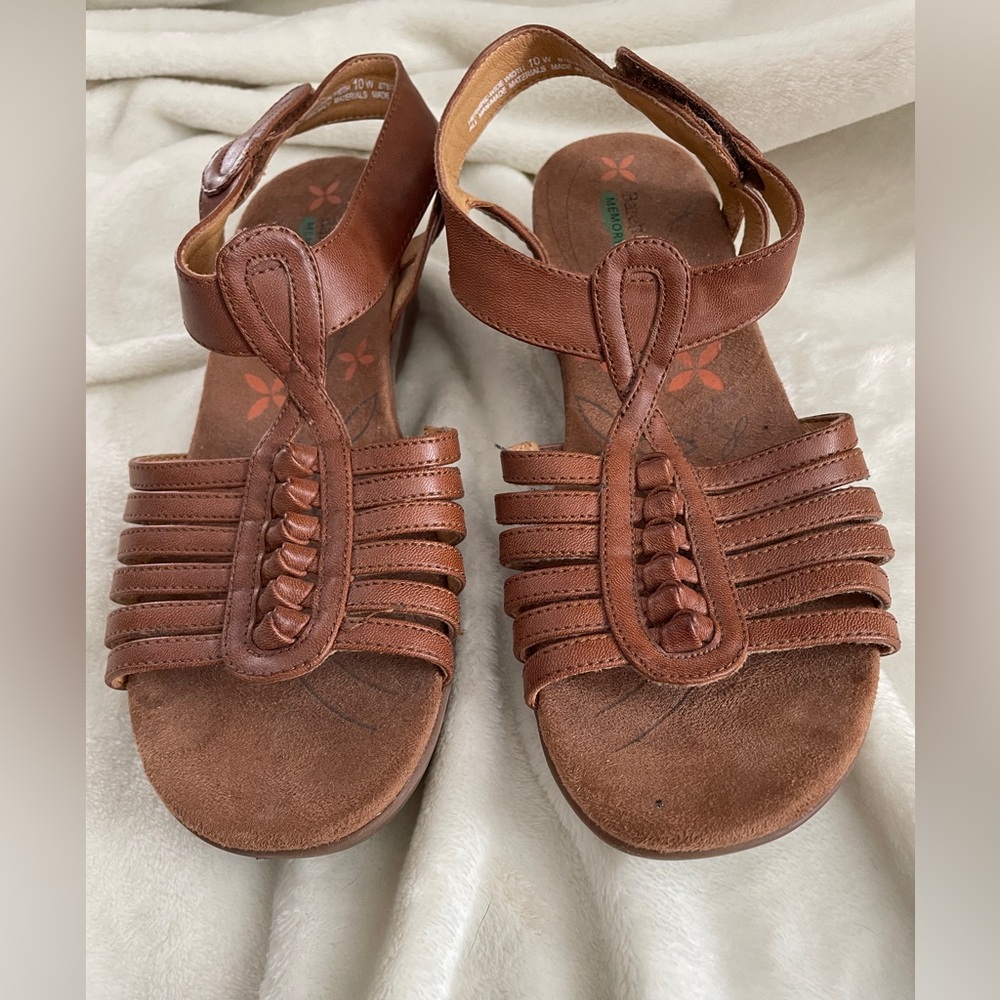 Beartraps, brown women’s sandals with wedge heel and Velcro ankle strap